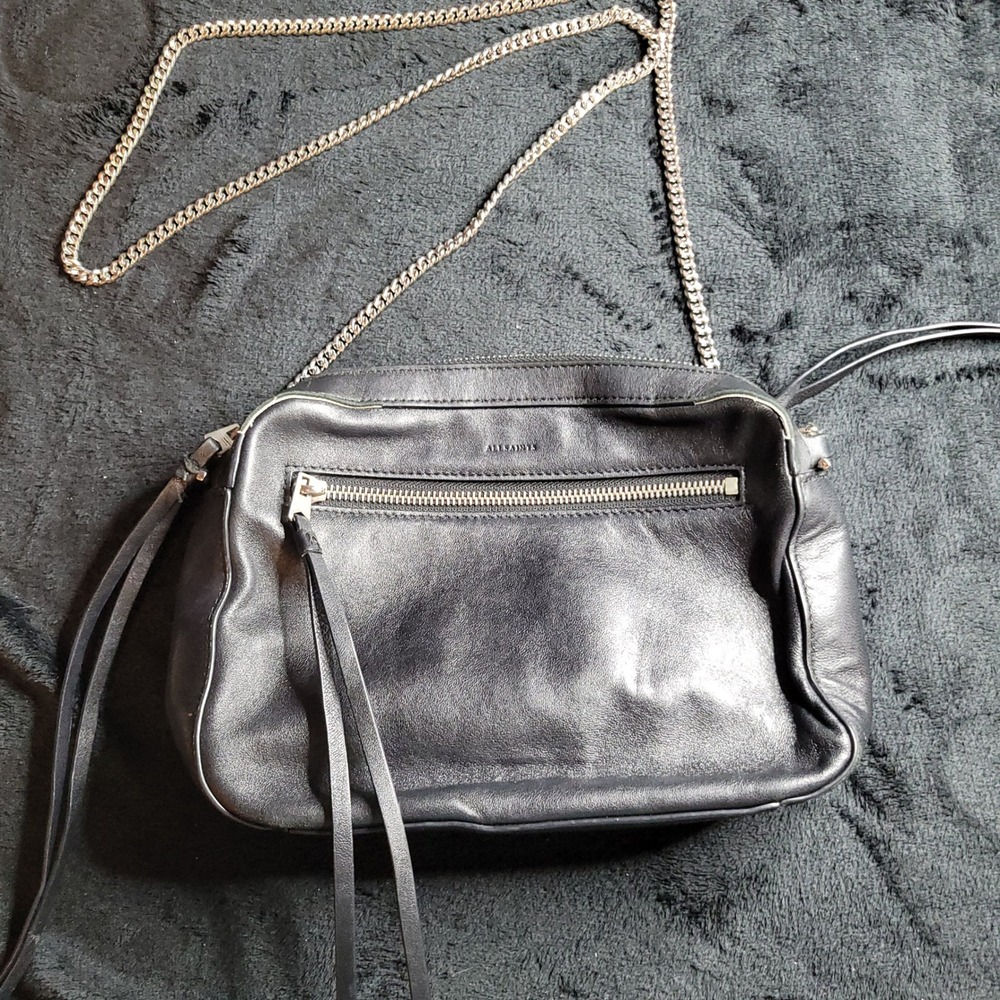 ALLSAINTS Black Fleur de Lis Soft Leather Chain Shoulder Crossbody Bag *read*